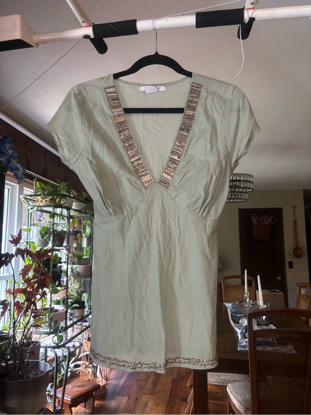 Y2K Charlotte Russe 100% Cotton Beaded V-Neck Light Sage Top Size M India